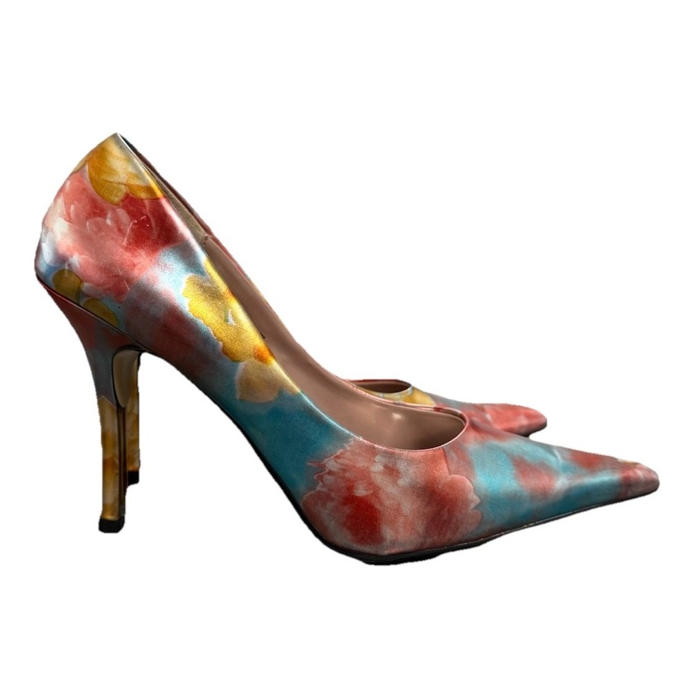 Maurices Womens Iridescent Floral Pointed Tie Pumps Metallic Heels Sz 8